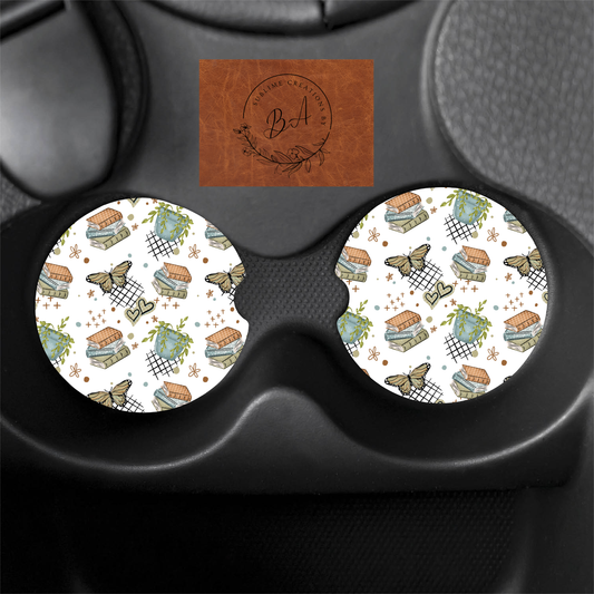 Book and Plants Star Seamless Print Car Coaster Set