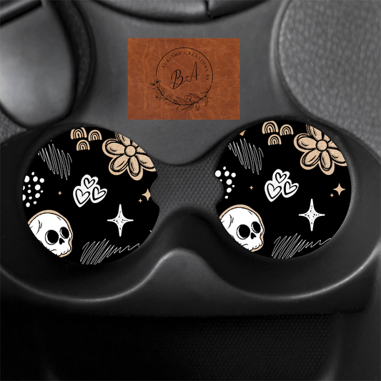 Skull Scrapbook Seamless Print Car Coaster Set