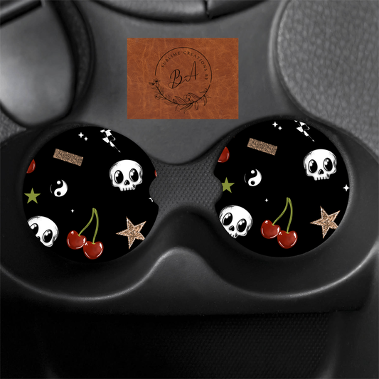 Skull Cherry Seamless Print Car Coaster Set