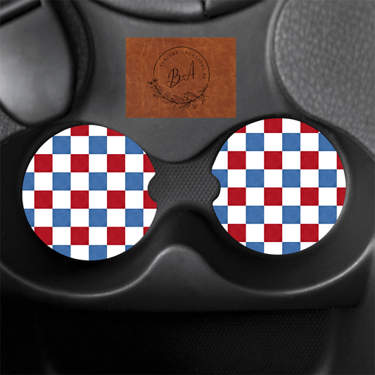 4th of July Checker Seamless Print Car Coaster Set