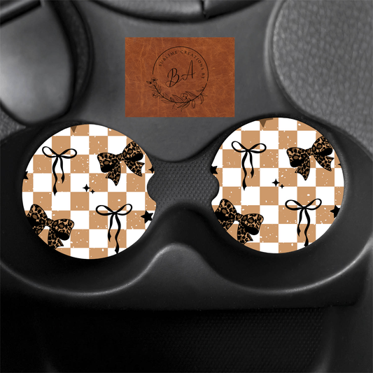 Tan Checkered Leopard Bow Seamless Print Car Coaster Set