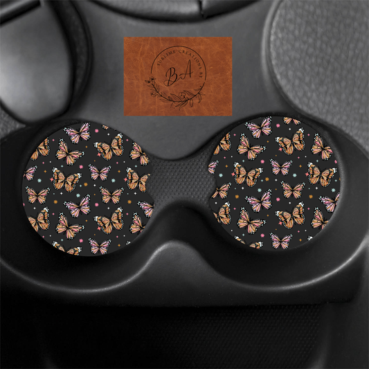 Black Butterfly Seamless Print Car Coaster Set