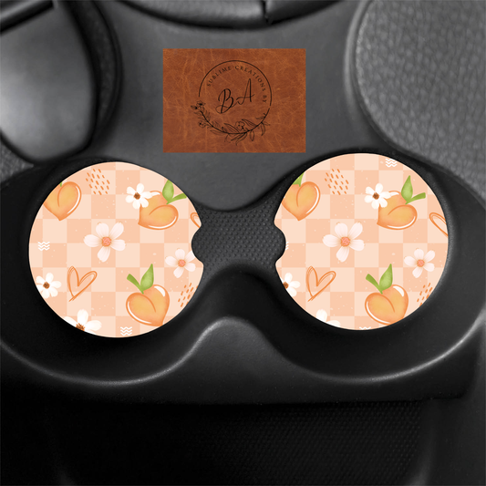 Peachy Checker Seamless Print Car Coaster Set