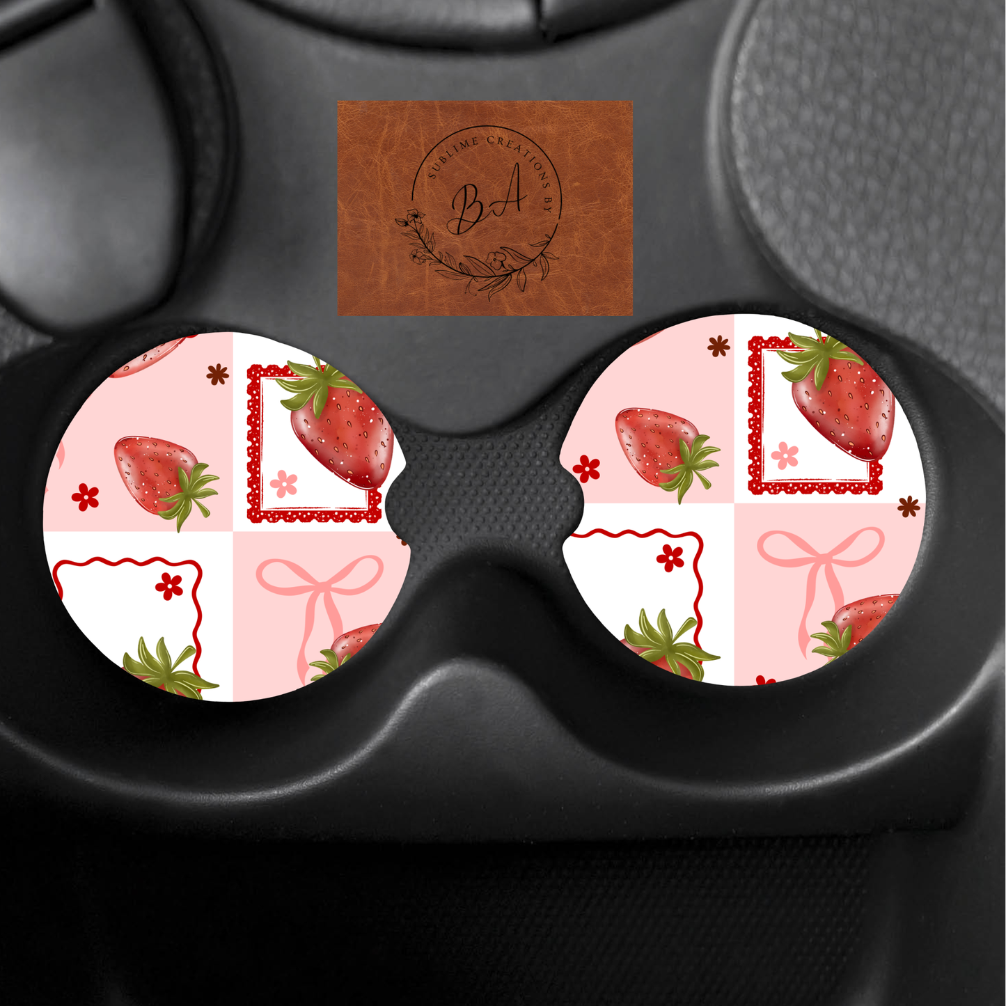 Strawberries Seamless Print Car Coaster Set