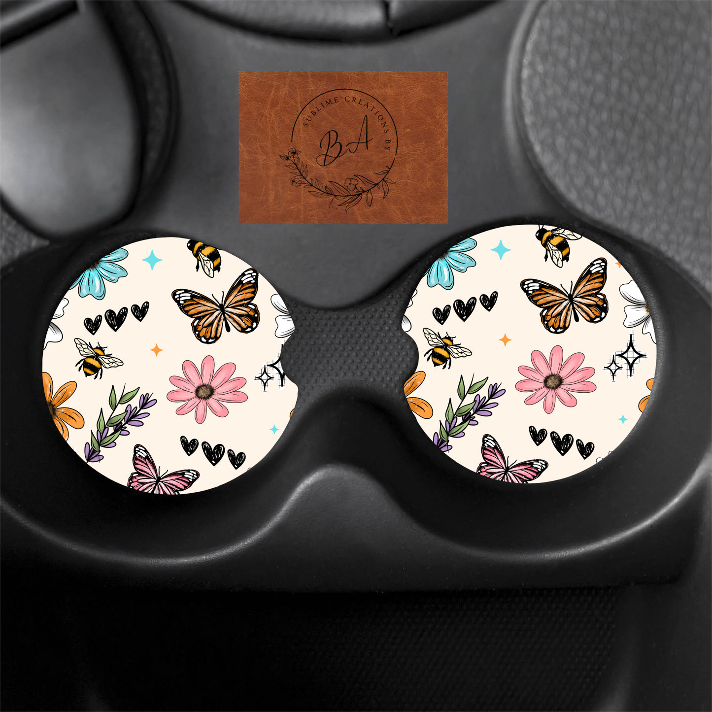 Floral Bees and Butterflies Seamless Print Car Coaster Set