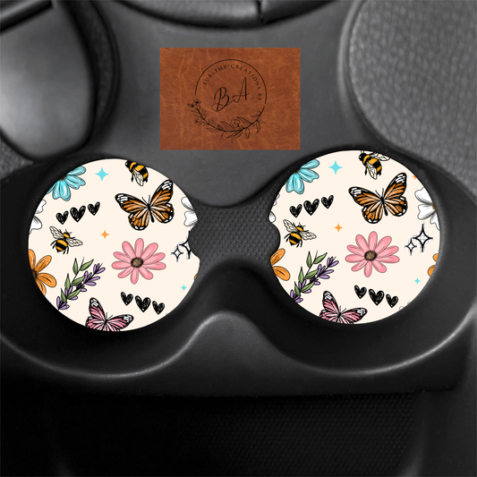 Floral Bees and Butterflies Seamless Print Car Coaster Set