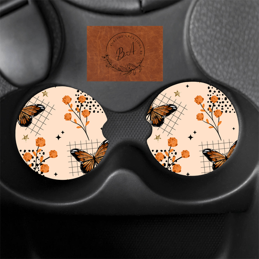 Floral Butterfly Seamless Print Car Coaster Set