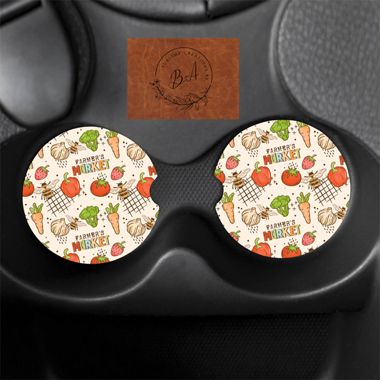 Farmers Market Seamless Print Car Coaster Set