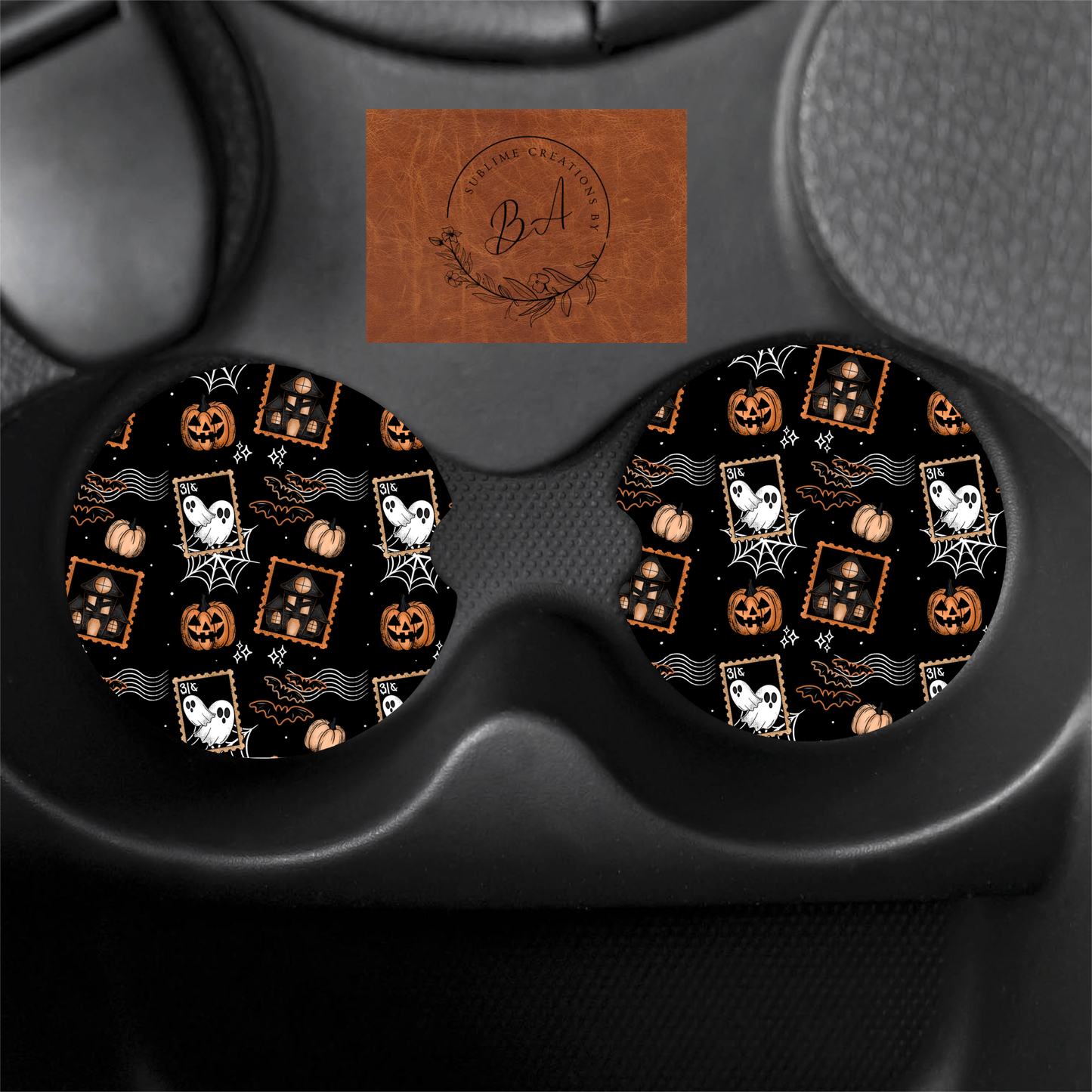 Halloween Stamps Seamless Print Car Coaster Set