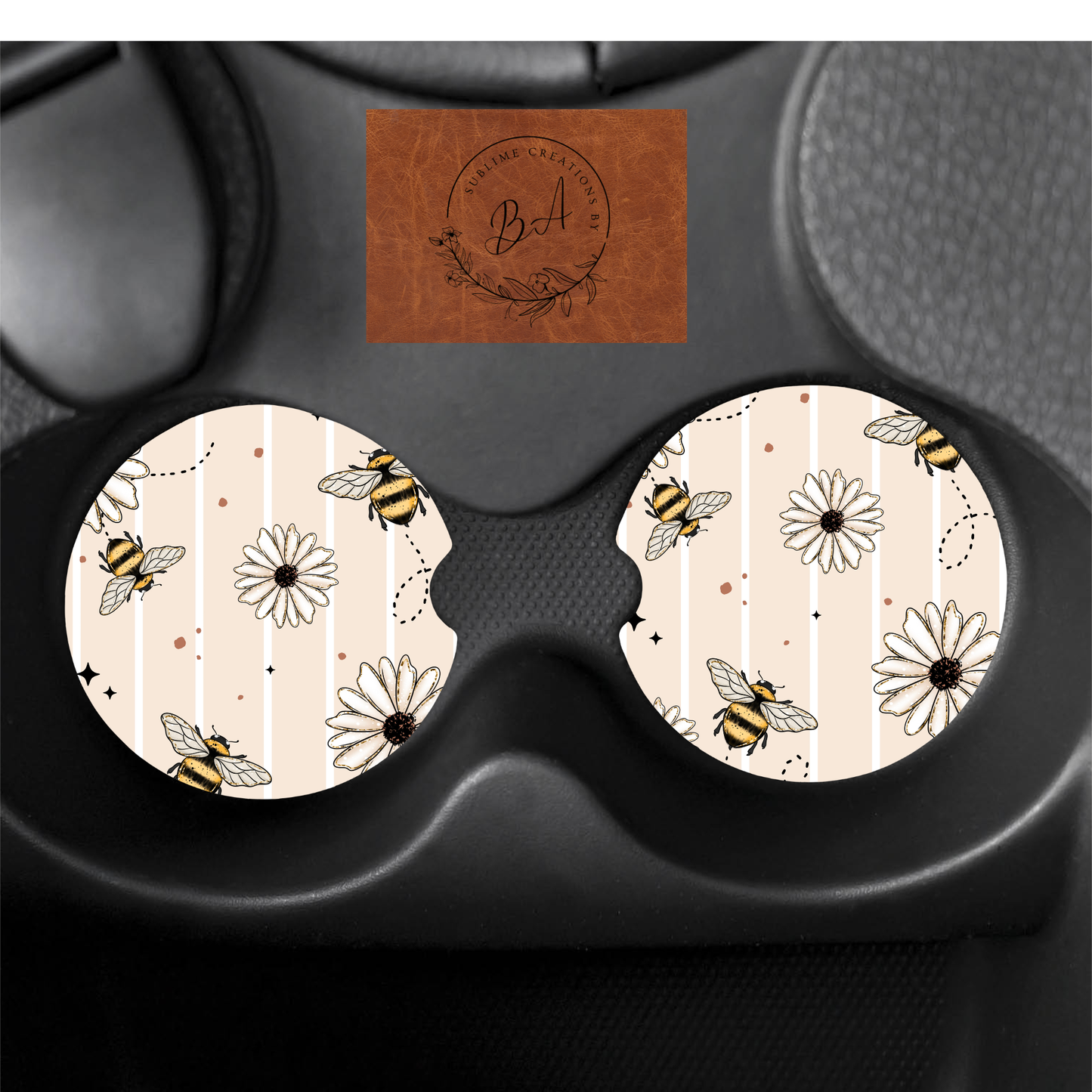 Floral Bees Print Car Coaster Set