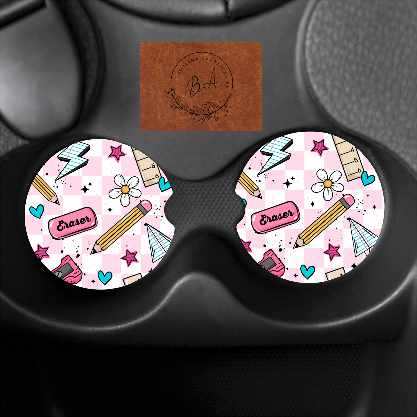 School Checker Seamless Print Car Coaster Set