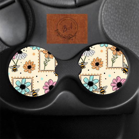 Floral Stamp Print Car Coaster Set
