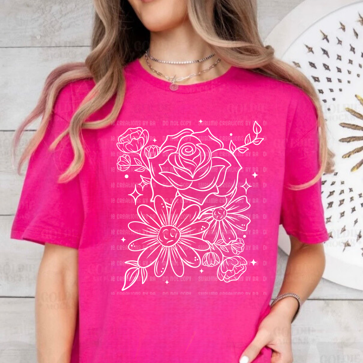 Floral White Outline Single Tee