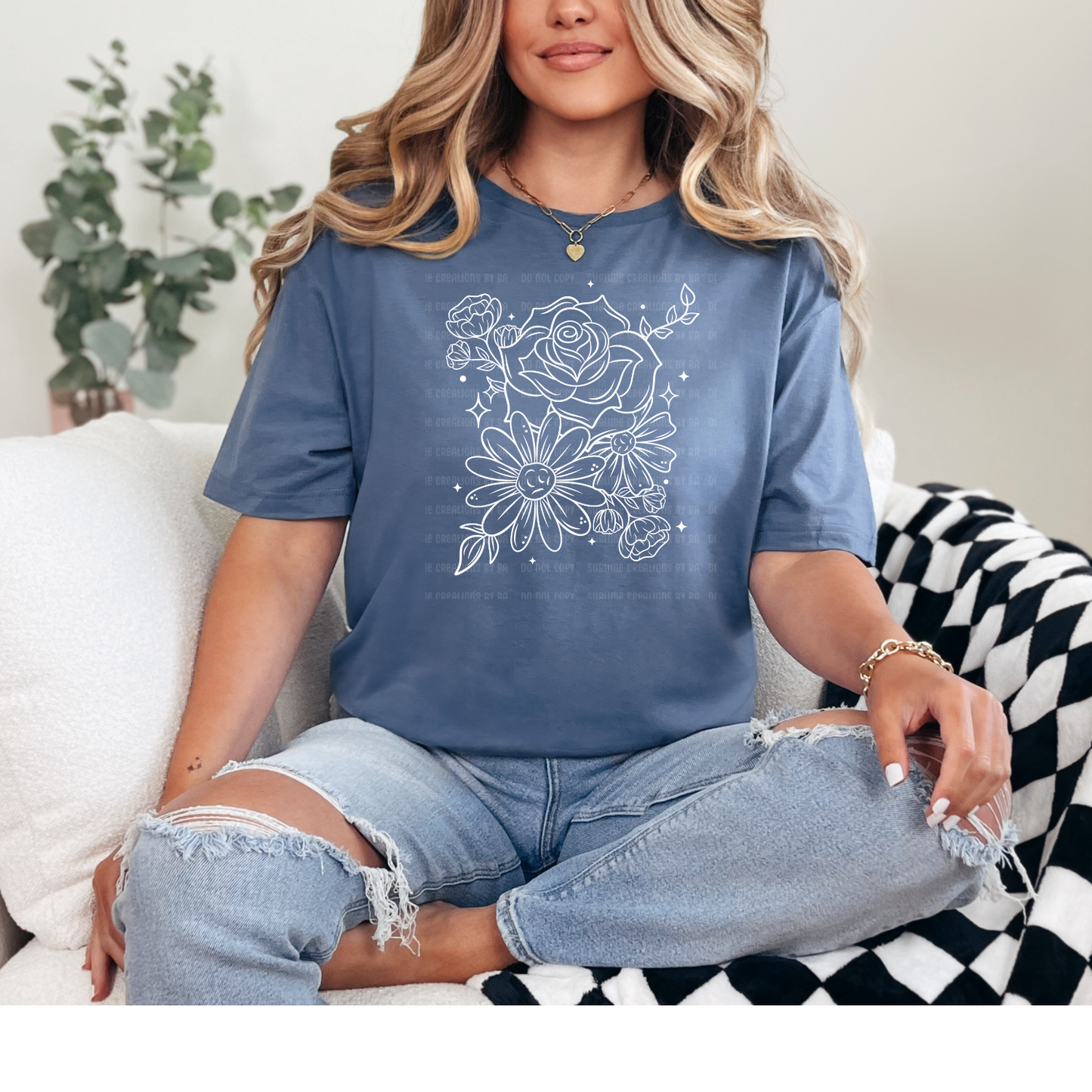 Floral White Outline Single Tee