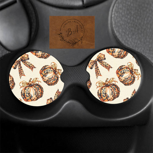 Fall Leopard Pumpkin Car Coaster Set