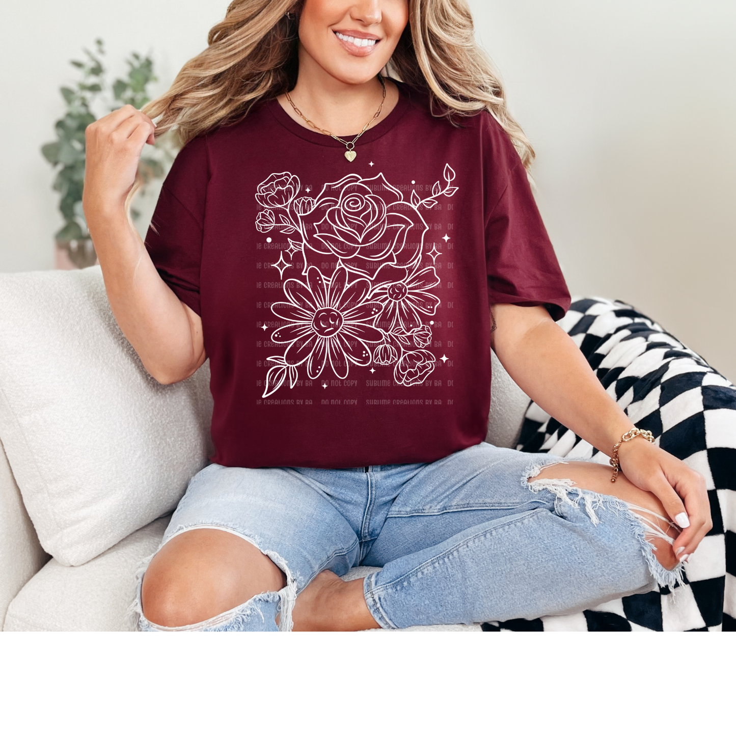 Floral White Outline Single Tee