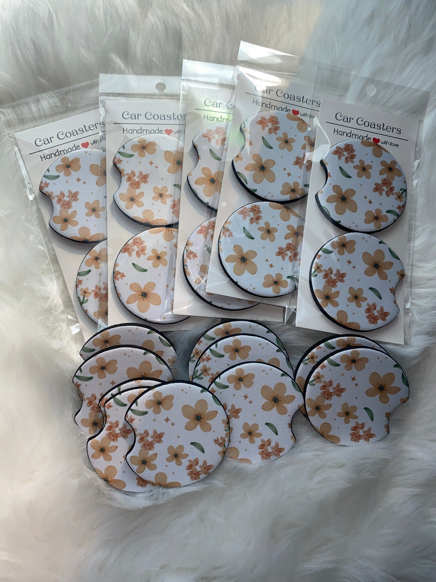 Orange Florals Seamless Print Car Coaster Set