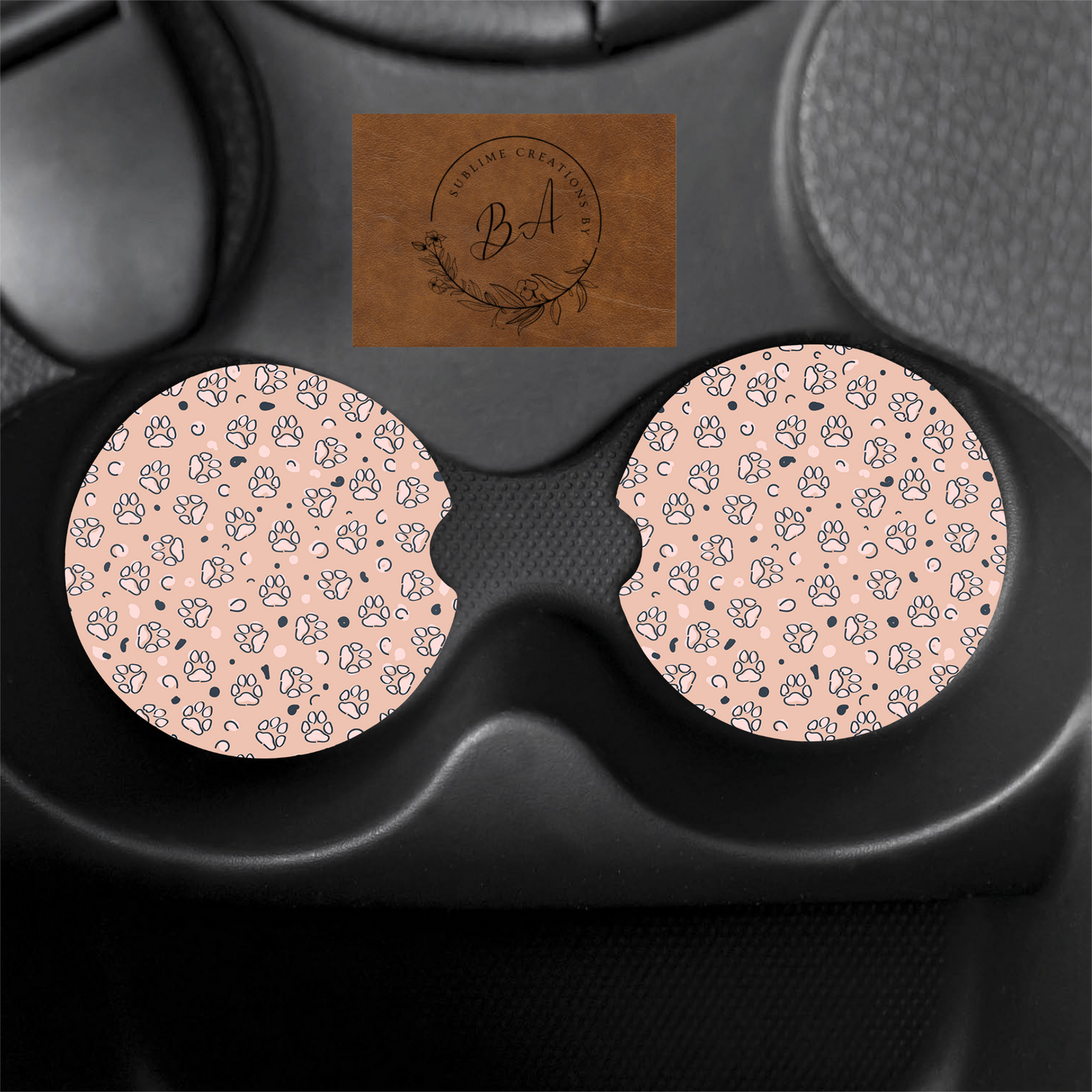 Peach Paw Print Car Coaster Set