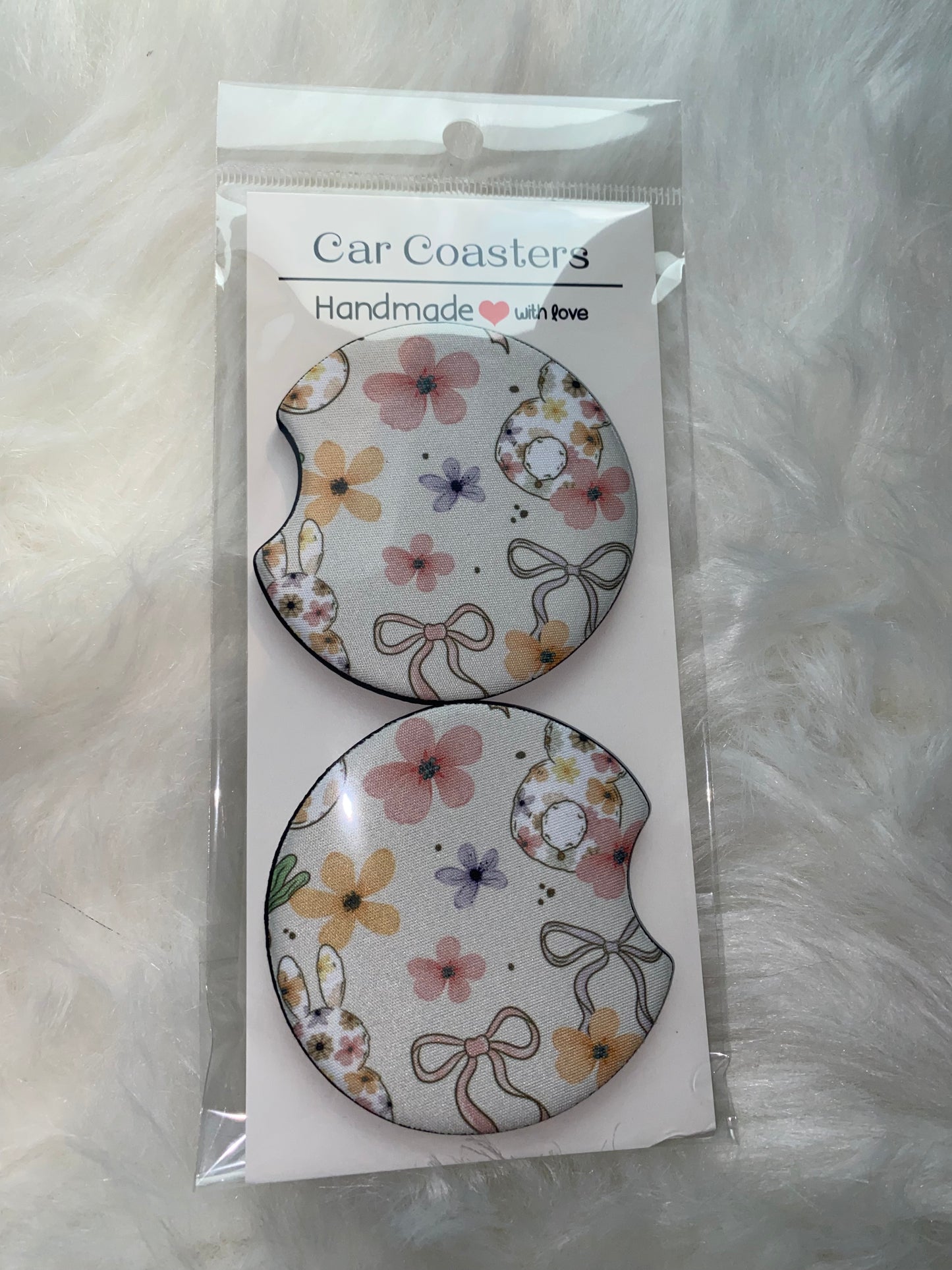 Pink Floral Easter Print Car Coaster Set
