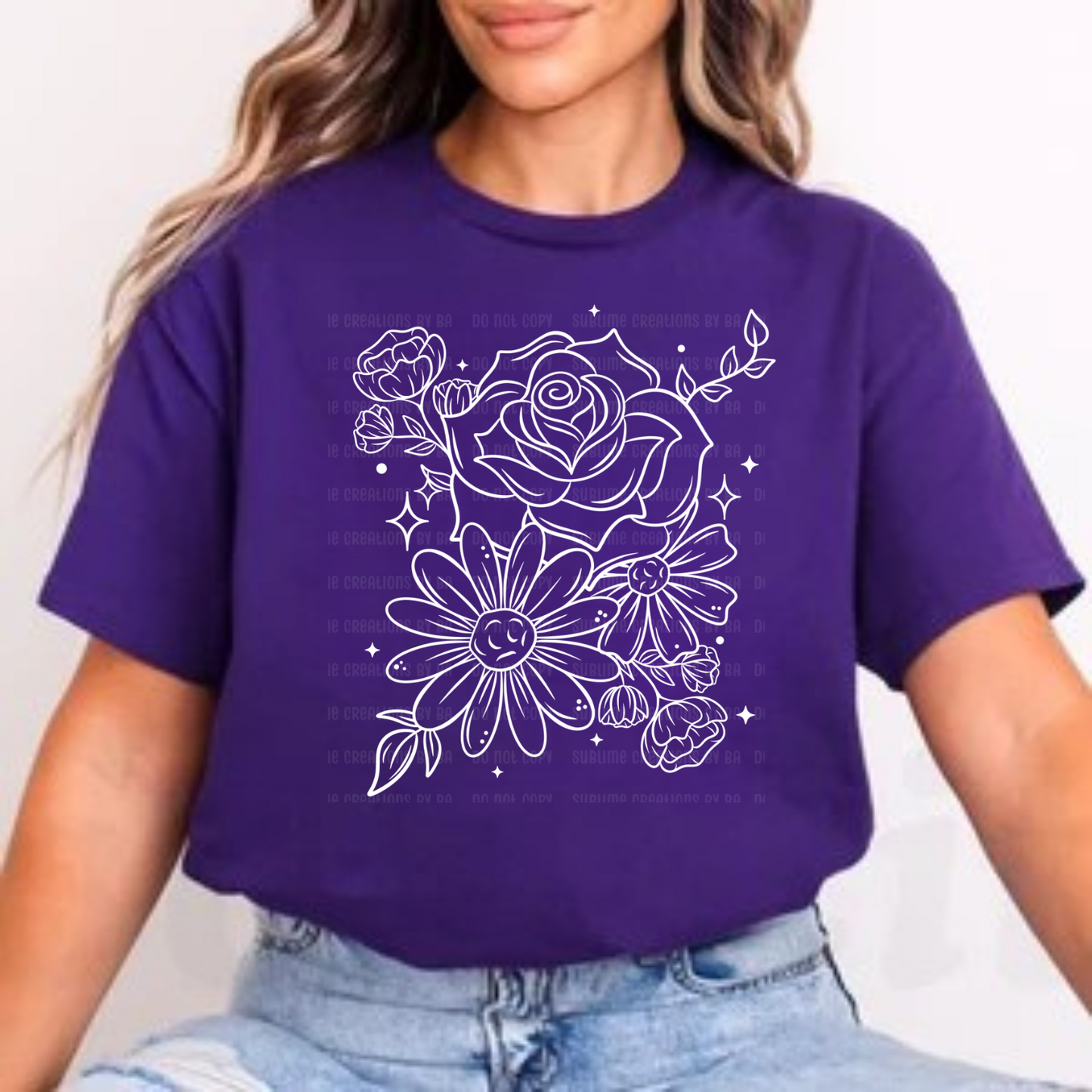 Floral White Outline Single Tee