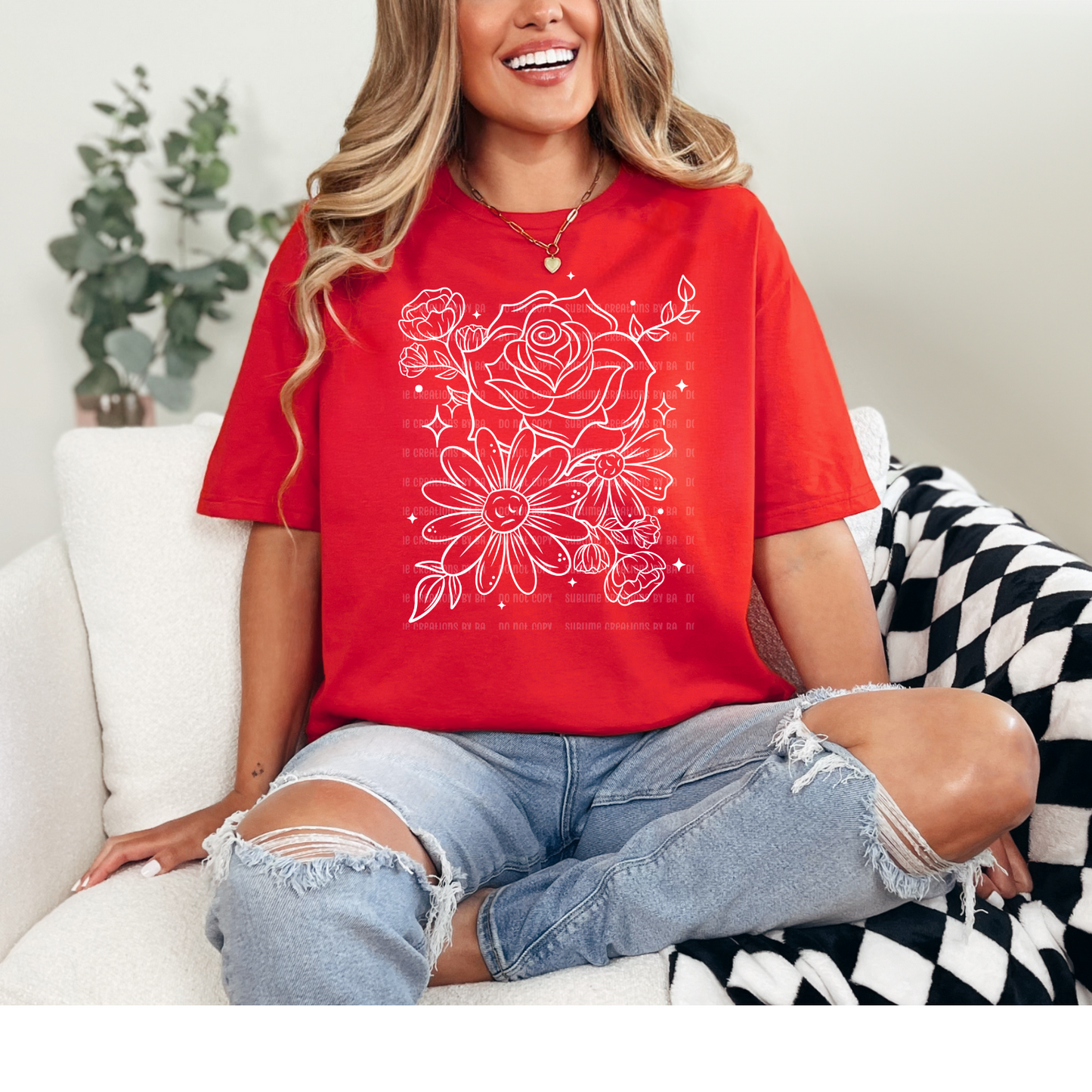 Floral White Outline Single Tee