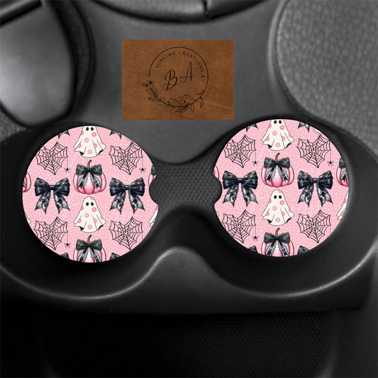 Spooky Cute Ghost/Ribbon Car Coaster Set